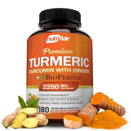 NutriFlair Turmeric Curcumin with Ginger and BioPerine Black Pepper Supplements, 180 Capsules - 95 Curcuminoids - Joint Support, Antioxidant, Anti Aging - Natural, Non-GMO, Vegan Best Maximum Potency