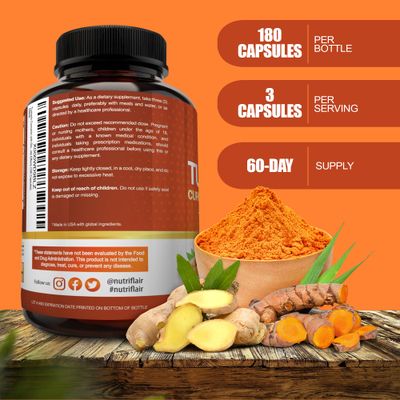 NutriFlair Turmeric Curcumin with Ginger and BioPerine Black Pepper Supplements, 180 Capsules - 95 Curcuminoids - Joint Support, Antioxidant, Anti Aging - Natural, Non-GMO, Vegan Best Maximum Potency