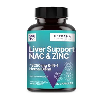 HERBANA MANUFACTURING Liver Support &amp; NAC 120 Capsules with Milk Thistle, Dandelion Root, Chicory, Turmeric, Beet Root, Chanca Piedra