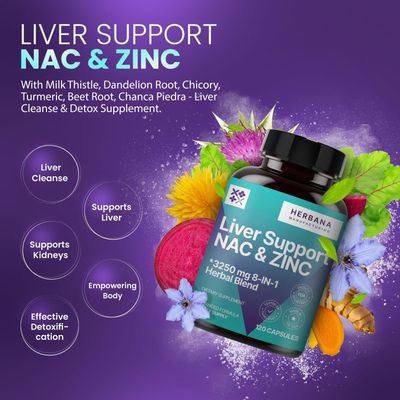 HERBANA MANUFACTURING Liver Support &amp; NAC 120 Capsules with Milk Thistle, Dandelion Root, Chicory, Turmeric, Beet Root, Chanca Piedra