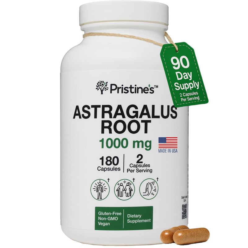 PRISTINE'S Astragalus Root Immune Support Supplement Capsules -1000mg 90 Day Supply Herbal Adaptogen - Healthy Aging, Heart &amp; Lung Health