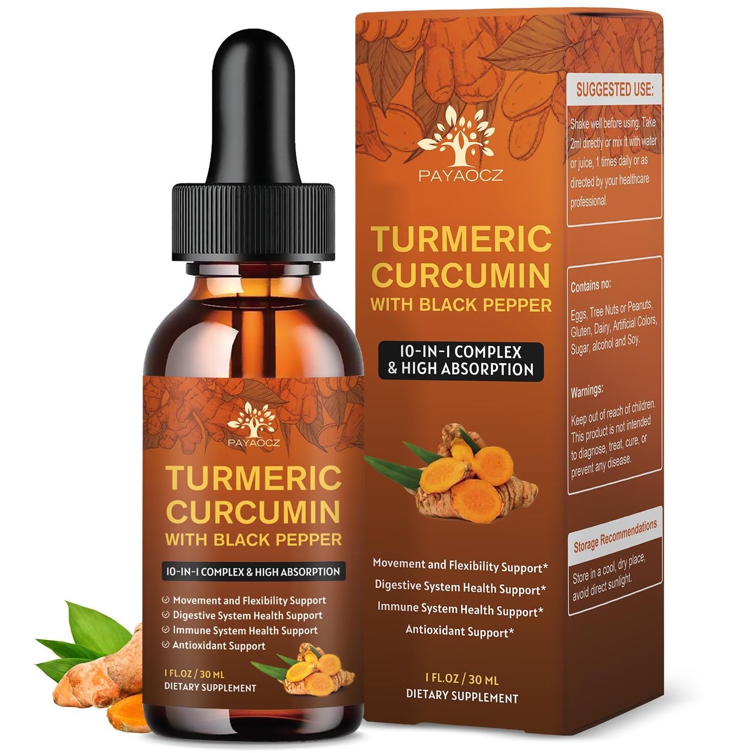 2 Pack Organic Turmeric Curcumin Supplement with Black Pepper and Ginger - Liquid Turmeric Extract Drops with Boswellia, Cinnamon, Rosemary and Sage - Flexibility and Digestive Health - 1 Fl Oz