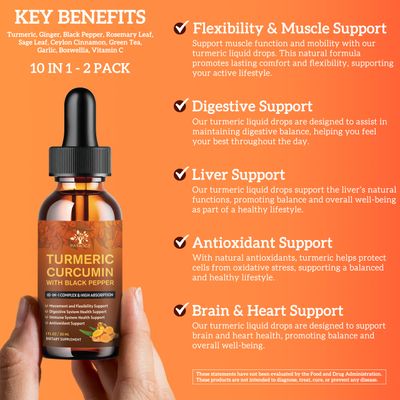 2 Pack Organic Turmeric Curcumin Supplement with Black Pepper and Ginger - Liquid Turmeric Extract Drops with Boswellia, Cinnamon, Rosemary and Sage - Flexibility and Digestive Health - 1 Fl Oz