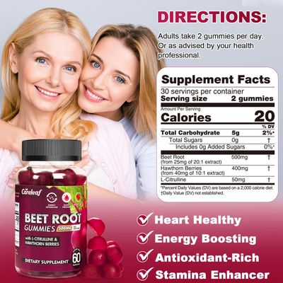 careleaf Sugar Free Vegan Beet Root Gummies for Blood Pressure with L-Citrulline and Hawthorn Extract Peach Flavor 60 Count