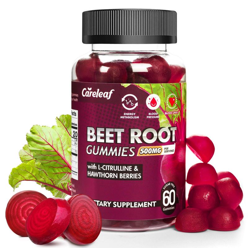 careleaf Sugar Free Vegan Beet Root Gummies for Blood Pressure with L-Citrulline and Hawthorn Extract Peach Flavor 60 Count