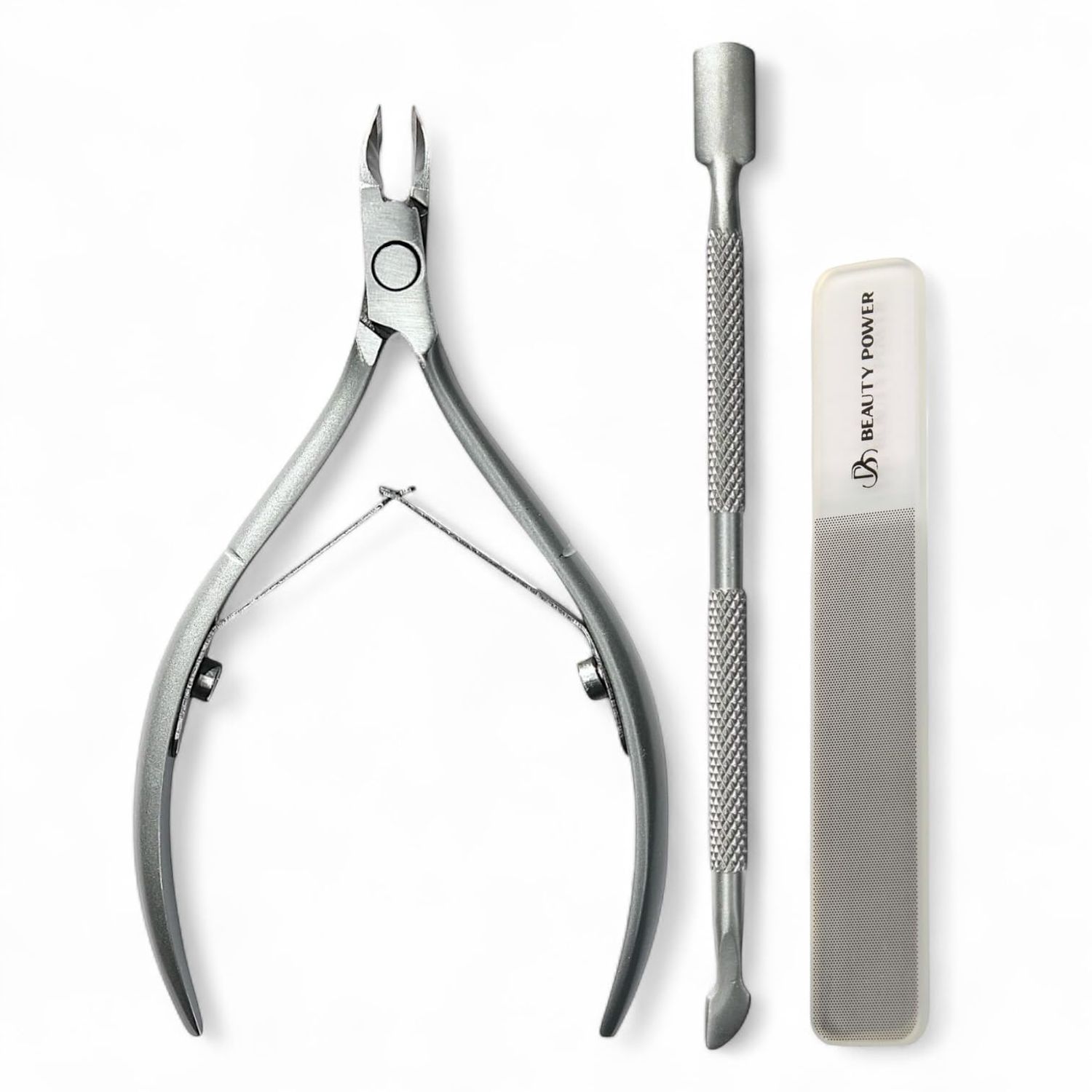 Beauty Power Cuticle Nipper with Cuticle Pusher. Cuticle Remover Nippers Professional Stainless Steel Cutter Clippers, Pedicure Manicure Tools for Fingernails Toenails Matte Grey Nano Nail File