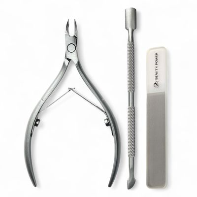 Beauty Power Cuticle Nipper with Cuticle Pusher. Cuticle Remover Nippers Professional Stainless Steel Cutter Clippers, Pedicure Manicure Tools for Fingernails Toenails Matte Grey Nano Nail File