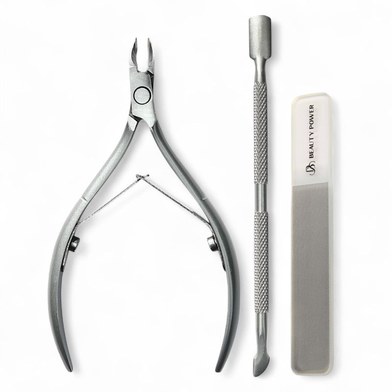 Beauty Power Cuticle Nipper with Cuticle Pusher. Cuticle Remover Nippers Professional Stainless Steel Cutter Clippers, Pedicure Manicure Tools for Fingernails Toenails Matte Grey Nano Nail File