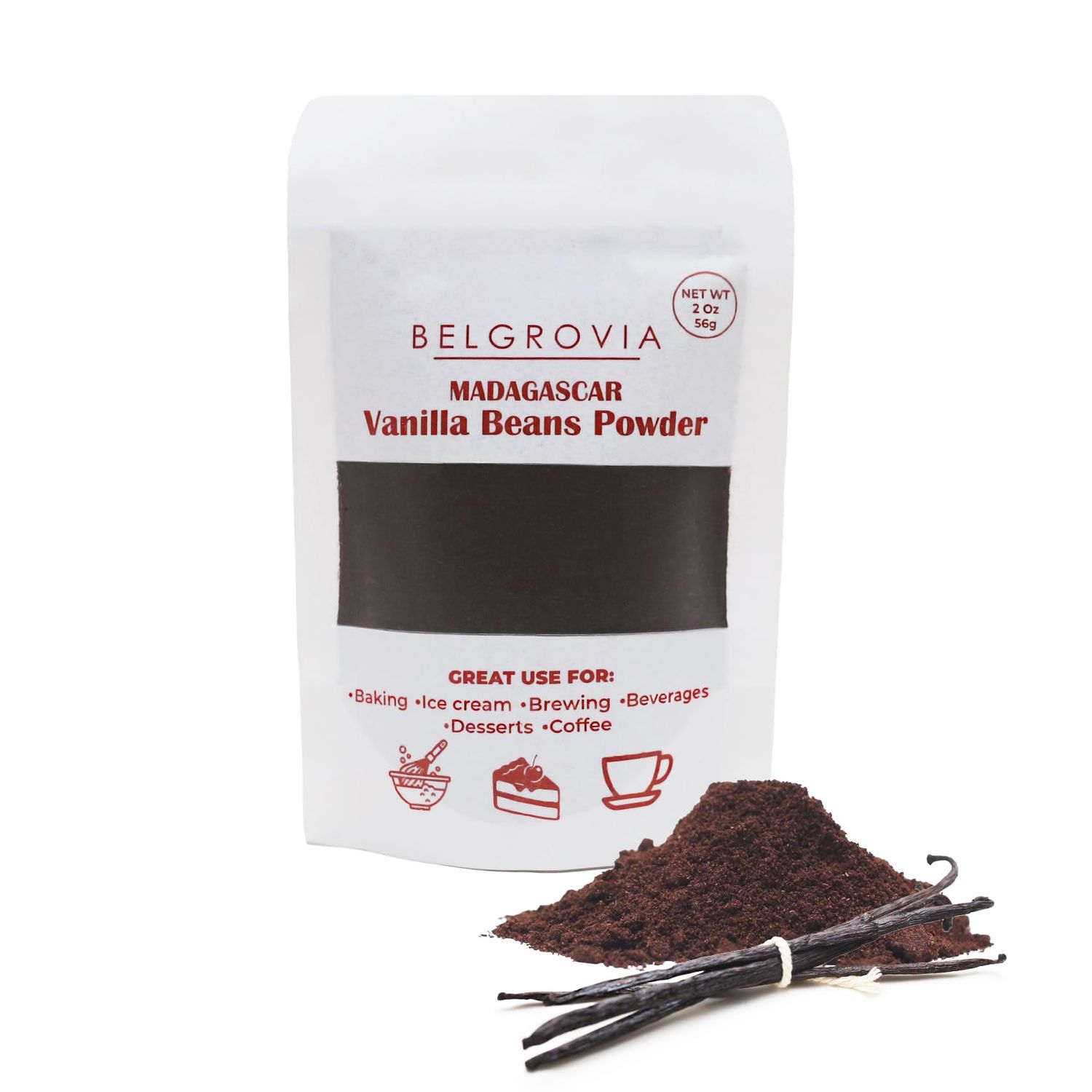 Belgrovia- Madagascar Organic Vanilla Bean Powder, 100 Pure Ground Vanilla Powder for Baking, Coffee, Smoothies and Flavoring, Perfect Substitute of Vanilla Extract 2 Oz 56g