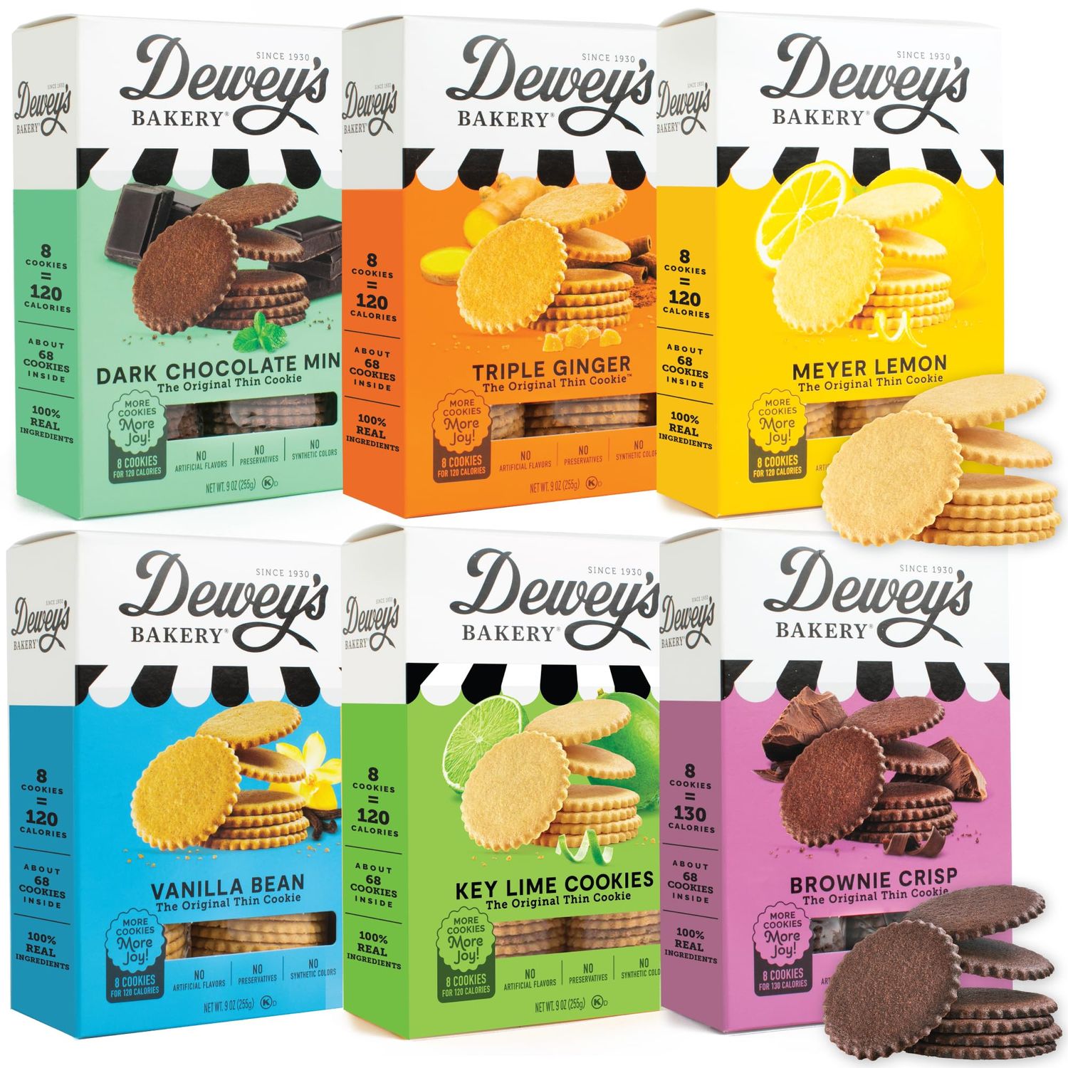 NEW! Dewey's Bakery Complete Cookie Collection Meyer Lemon, Brownie Crisp, Triple Ginger, Vanilla Bean, Dark Chocolate Mint Cookies, Key Lime Moravian Cookie Thins 9 oz Pack of 6