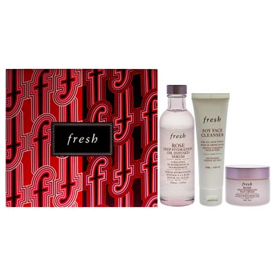 Fresh Three Step Hydration Heroes Kit for Women - 3 Pc 1.6oz Soy Face Cleanser, 3.4oz Rose Deep Hydration Oil Infused Serum, 1oz Rose Deep Hydration Face Cream
