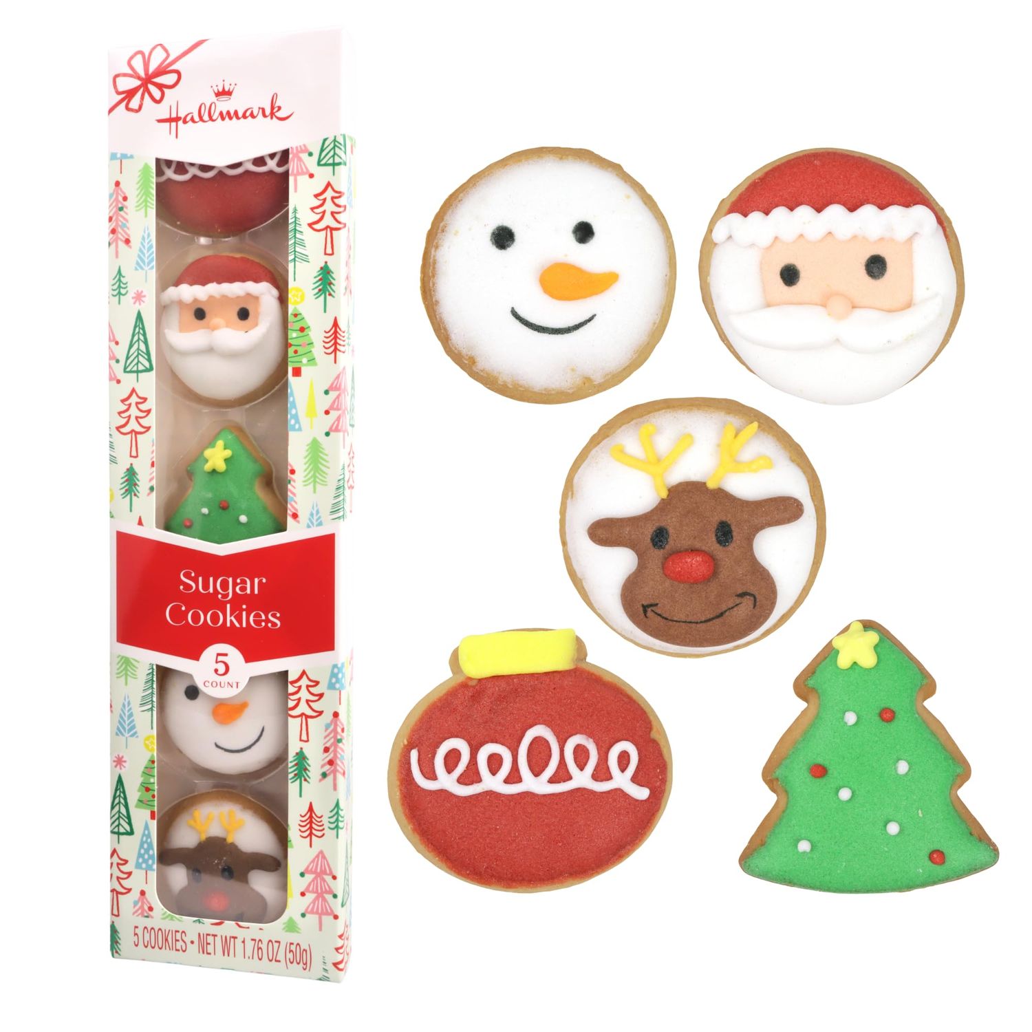 Galerie Hallmark Decorated Christmas Sugar Cookies, Boxed for Gifts and Stocking Stuffers, Santa, Snowman, Reindeer, Tree, and Ornament, 5 Pieces