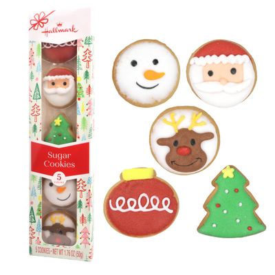 Galerie Hallmark Decorated Christmas Sugar Cookies, Boxed for Gifts and Stocking Stuffers, Santa, Snowman, Reindeer, Tree, and Ornament, 5 Pieces