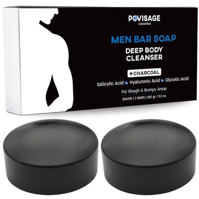 POVISAGE Unscented Body Bar Soap for Men with Oily Skin - Charcoal, Salicylic Acid, Hyaluronic Acid &amp; Glycolic Acid for Deep Clean &amp; Clear Skin - 2 Bars