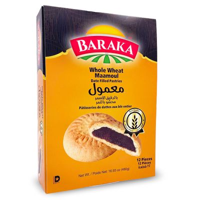 Baraka Whole Wheat Maamoul Cookies Individually Wrapped Assorted Date Filled Butter Cookies Healthy High Fiber Middle Eastern Dessert, No Preservatives, No Additives 16.9 oz Pack of 12