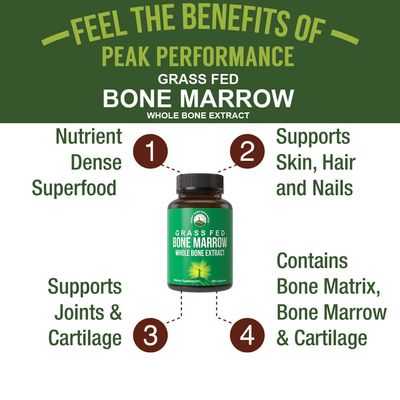 Peak Performance Grass Fed Bone Marrow - Whole Bone Extract Supplement 180 Capsules Superfood Pills Rich in Collagen, Vitamins, and Amino Acids. from Bone Matrix, Marrow, Cartilage. Ancestral Tablets
