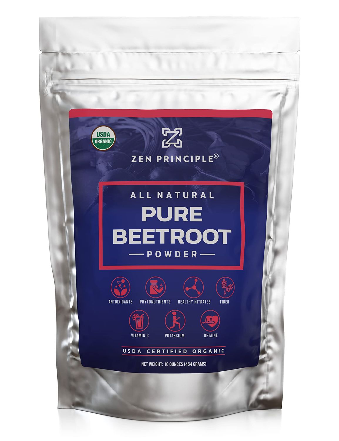 Zen Principle 1 lb. Premium Organic Beetroot Powder. 100 USDA Certified. More Fiber and Less Sugar Than Beet Juice. All Natural Energy Boost, Supports Healthy Liver and Heart. Made in USA.
