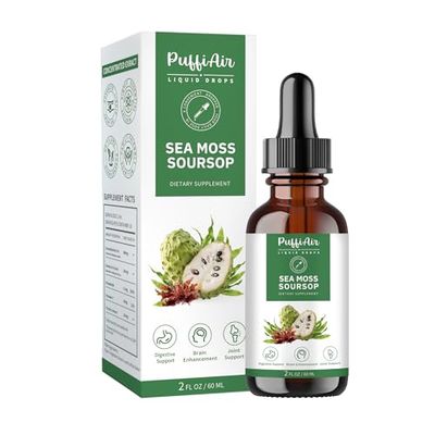 PUFFIAIR SoursopGraviola &amp; Sea Moss Liquid Drop for Cell Support &amp; Regeneration, Immune Boost, Relax, Liver and Sleep, Herbal Extract, SugarGluten Free, Natural Flavor, 2 Fl Oz60ml