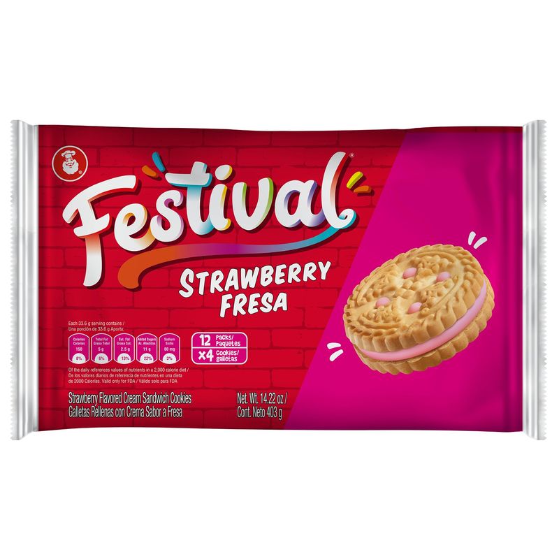 Festival Strawberry Cookies Cream Strawberry Sandwich Cookies Natural Dyes &amp; Low Sodium High Cream Content 14.22 Oz Pack of 1