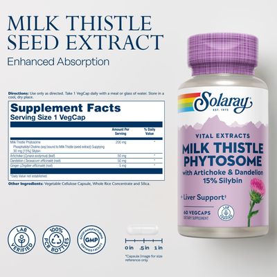 SOLARAY Milk Thistle Phytosome with Artichoke, Dandelion, and Ginger - Milk Thistle Extract Supplying 15 Silybin - Liver Supplement - 60-Day Guarantee, Lab Verified - 60 Servings, 60 VegCaps