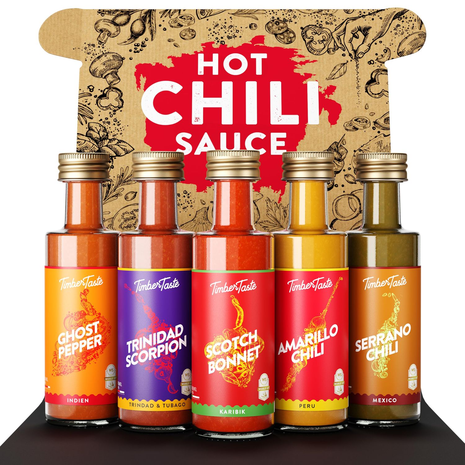 TIMBER TASTE World Hot Sauce Gift Set 5x1.35 oz Hot Sauce Variety Pack - Spicy Condiment Set for Heat Lovers in Mini Bottles - Gourmet Spicy Food Gifts for Women &amp; Men - Birthday Gifts for Men