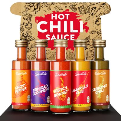 TIMBER TASTE World Hot Sauce Gift Set 5x1.35 oz Hot Sauce Variety Pack - Spicy Condiment Set for Heat Lovers in Mini Bottles - Gourmet Spicy Food Gifts for Women &amp; Men - Birthday Gifts for Men
