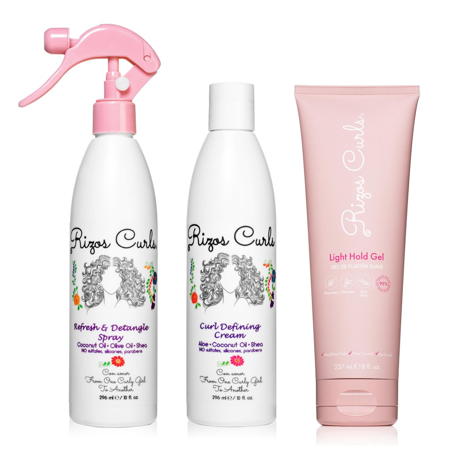 Rizos Curls Styling Starter Kit, Refresh and Detangle Spray &amp; Curl Defining Cream &amp; Light Hold Gel Bundle, Enhance &amp; Define Curls, Add Volume &amp; Hold, Frizz Control &amp; Shine