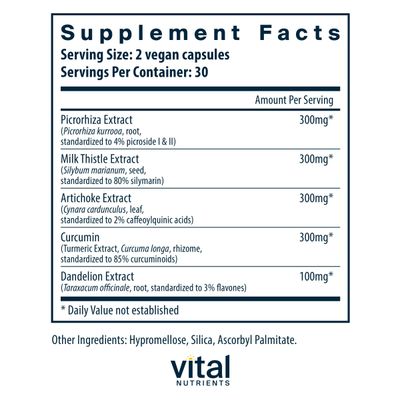 Vital Nutrients Liver Support II with Picrorhiza, Milk Thistle and Curcumin Vegan Supplement Herbal Combination to Support Healthy Liver Function Gluten, Dairy and Soy Free 60 Capsules