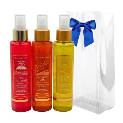 Bath &amp; Body Works VACATION VIBE, PINK PARADISE, SOLAR SHINE Diamond Shimmer Mist - Gift Set with a Blue Bow for Holiday - 4.9 fl oz each - Summer Scents