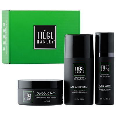 Tiege Hanley Men&#39;s Acne Treatment System Level 1, TiegeClear Acne Essentials Routine for Smooth &amp; Hydrated Skin - Includes Sal Acid Wash, Glycolic Acid Pads, and Acne Serum - All Skin Types
