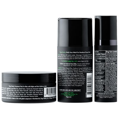 Tiege Hanley Men's Acne Treatment System Level 1, TiegeClear Acne Essentials Routine for Smooth &amp; Hydrated Skin - Includes Sal Acid Wash, Glycolic Acid Pads, and Acne Serum - All Skin Types