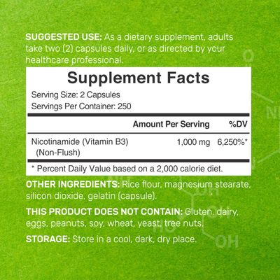 Vitamin B3 Nicotinamide 1,000mg Per Serving - 500 Capsules, Flush Free Niacin, Essential B3 - Supports Healthy Skin &amp; Energy Production - Non-GMO