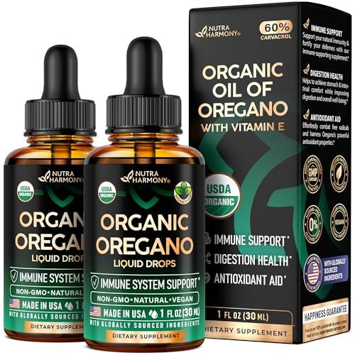 USDA Organic Oil of Oregano - Liquid Drops with Vitamin E - Made in USA - Supplement for Immune Support, Digestion Health &amp; Antioxidant - Non-GMO, Natural, Vegan - Pack of 2