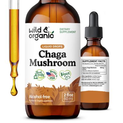 Wild &amp; Organic Chaga Mushroom Tincture - Immune Support with Chaga Mushroom Extract Liquid - Immunity Drops Supplement - Vegan, Sugar &amp; Alcohol-Free - 2 fl oz