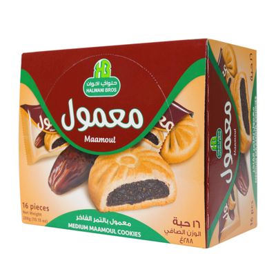 HB Halwani Bros Maamoul Cookies, 100 All Natural Date Filled Round Shortbread Cookies, No Preservatives, No Additives, 16 Medium Individually Wrapped Cookies Pack of 4