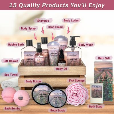 Bath Spa Gift Sets - Luxury Basket With Rose Oil & Orchid - Spa Kit Includes Wash, Bubble Bath, Lotion, Bath Salts, Body Scrub, Body Spray, Shower Puff, Bathbombs, Soap and Towel