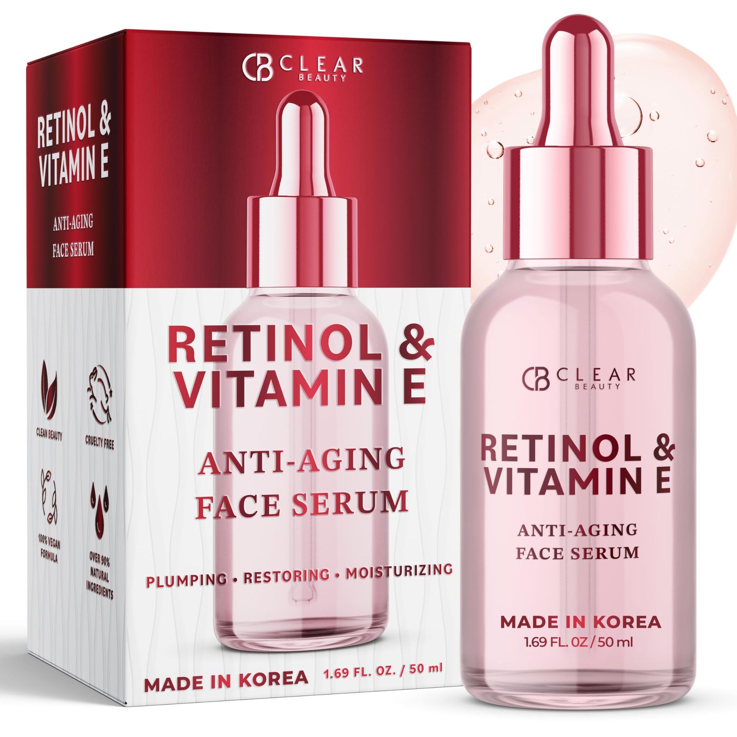 Clear Beauty Retinol &amp; Vitamin E Facial Serum - Dermatologist-Tested, Anti-Aging, Hydrating &amp; Revitalizing Korean Skincare - Vegan, Clean Beauty, Cruelty-Free, Sulfate-Free, Non-GMO - 1.69 fl. oz.