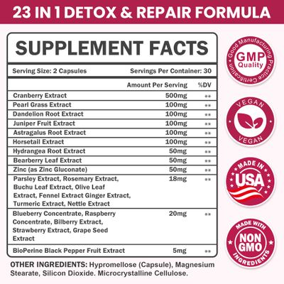 Litypure 23-in-1 Kidney Cleanse Detox &amp; Repair with 50:1 Cranberry Extract Botanical Formula for Urinary Tract Wellness 60 Capsules