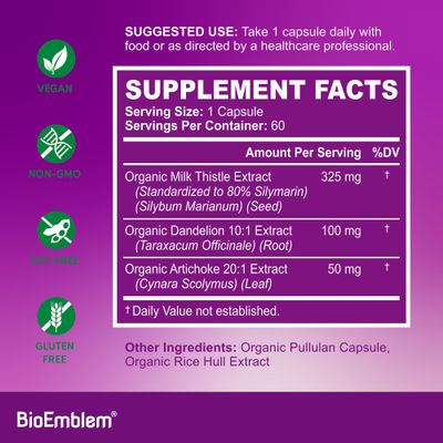 BioEmblem USDA Organic Liver Cleanse - 80 Silymarin Milk Thistle Extract for Liver Health and Liver Function with Dandelion &amp; Artichoke Extracts - 100 Vegan, Non-GMO - Herbal Liver - 60 Capsules