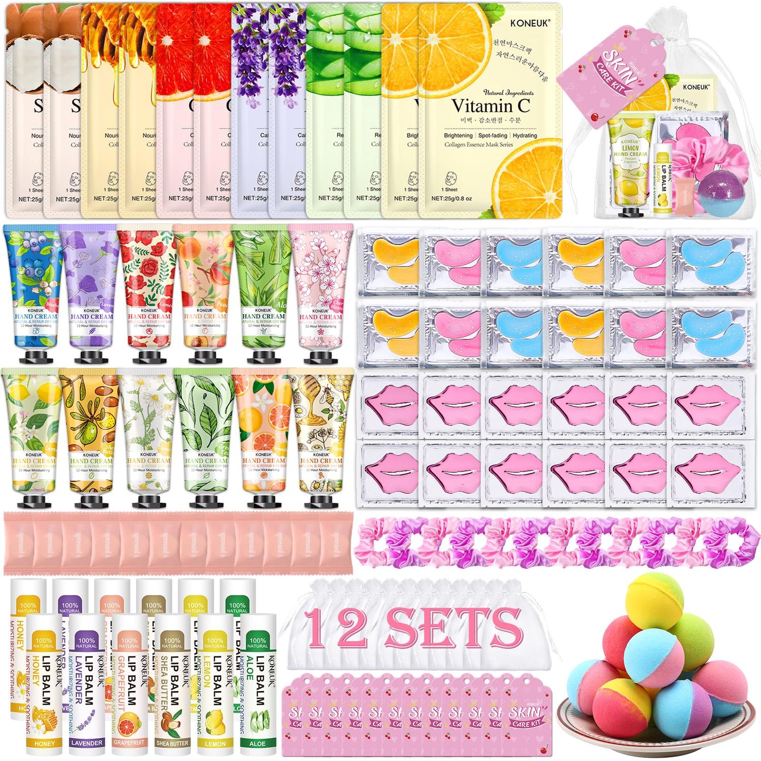 108 PCS Spa Party Supplies for Women, Spa Party Favors Include Face Masks Skincare, Hand Cream, Lip Balm, Under Eye Patches, Lip Mask and Foot Bath Bombs, Spa Birthday Sleepover Party Supplies