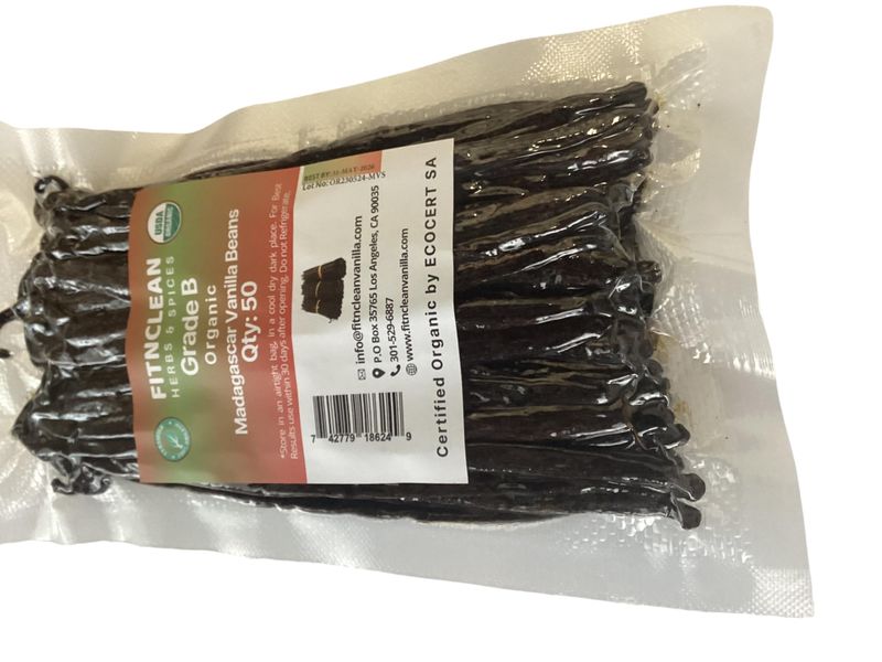 50 Madagascar Organic Vanilla Beans Grade B. Certified USDA Organic. 5-7 by FITNCLEAN VANILLA for extract, Cooking and Baking. Whole NON-GMO Bourbon Pods