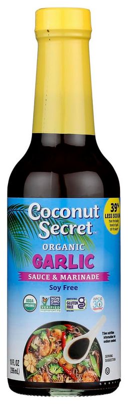 Coconut Secret Organic Coconut Aminos, 10oz, Garlic 2-Pack. Soy Free, Low Sodium Coco Liquid Aminos for Stir Fry Sauce, Marinades, Dressings, and Dipping. USDA Organic, Gluten-Free