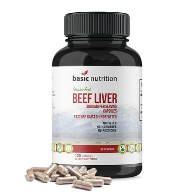 Basic Nutrition Pasture Raised Grass Fed Grass Finished Beef Liver Capsules 3000mg Serving 100 Hormone Free Desiccated, Undefatted Beef Liver with No Fillers, Non-GMO, Pesticide Free, Gluten-Free
