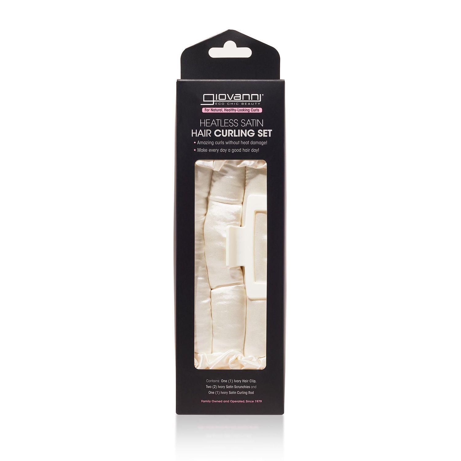 GIOVANNI Heatless Satin Hair Curling Set - Eco Chic Technology, Vegan Friendly, Natural Healthy Looking Curls, No Heat Damage, Hair Clip, Satin Scrunchies, Satin Curling Rod - Ivory Pack of 1