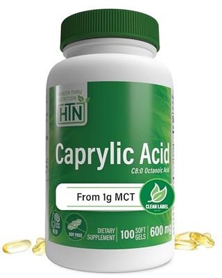 Health Thru Nutrition Caprylic Acid 600mg 100 Softgels C8 Octanoic Acid from Pure 1g MCT Oil Non-GMO &amp; Soy Free Support Healthy Digestive and Intestinal Health Keto Friendly