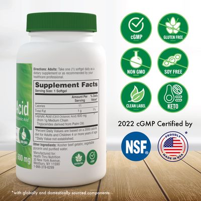 Health Thru Nutrition Caprylic Acid 600mg 100 Softgels C8 Octanoic Acid from Pure 1g MCT Oil Non-GMO &amp; Soy Free Support Healthy Digestive and Intestinal Health Keto Friendly