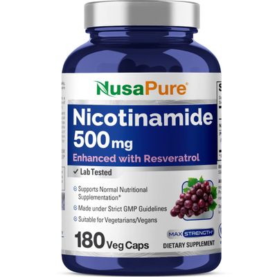 NusaPure Nicotinamide with Resveratrol Vitamin B-3 500 mg - 180 Vegetarian Caps Non-GMO &amp; Vegan