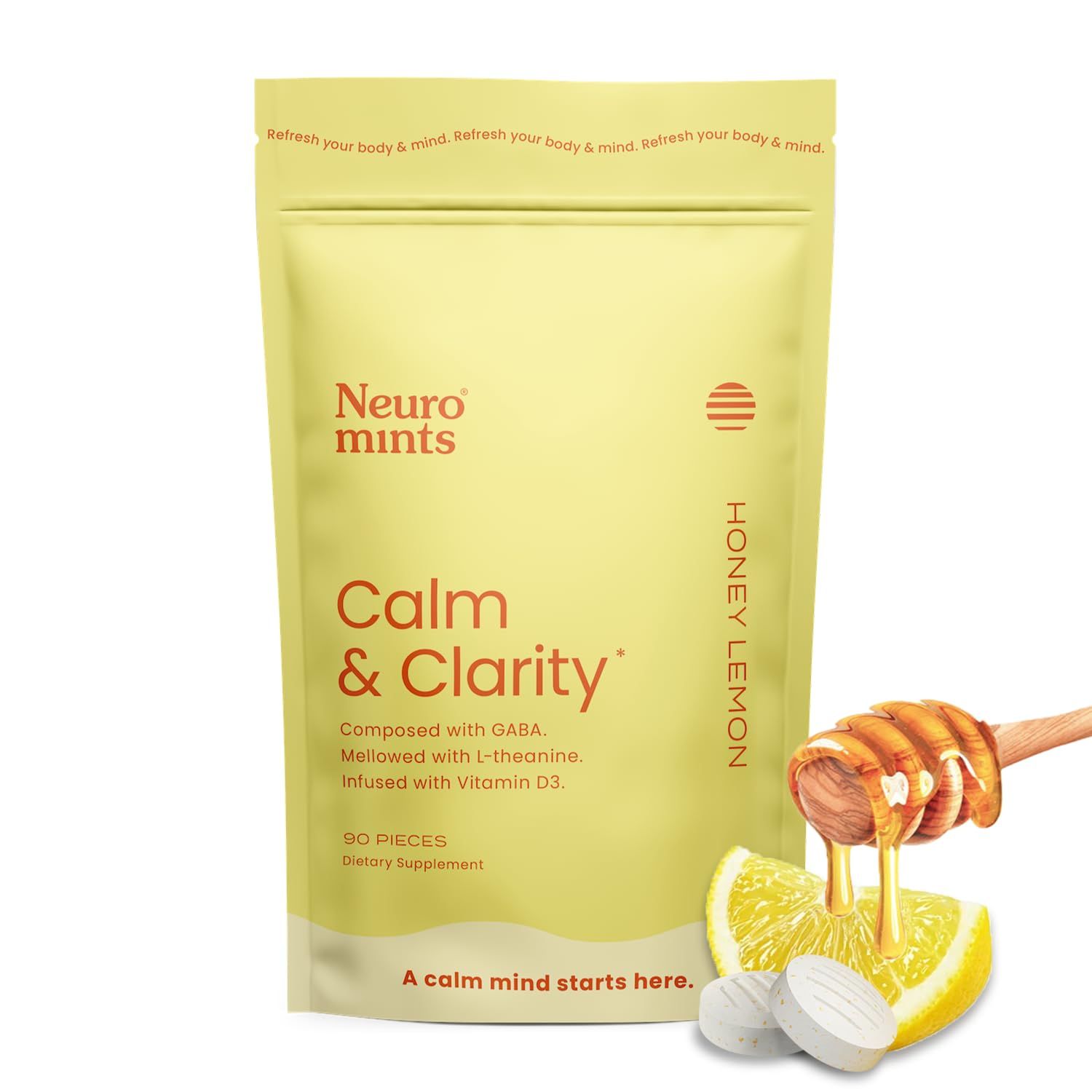 NeuroGum Calm &amp; Clarity Mints 90 Pieces - Sugar Free with L-theanine GABA Vitamin D3 - Nootropic Brain Supplements for Memory - Enhances Calm, Stress Relief for Men &amp; Women - Honey Lemon