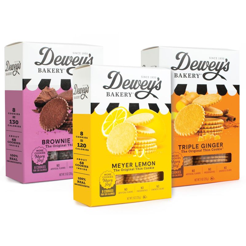 Dewey's Bakery Meyer Lemon, Brownie Crisp &amp; Triple Ginger Moravian Cookie Thins Variety Pack, Bakery Fresh with Real Simple Ingredients, Low Calorie Snack, No Artificial Flavors, 9oz Pack of 3