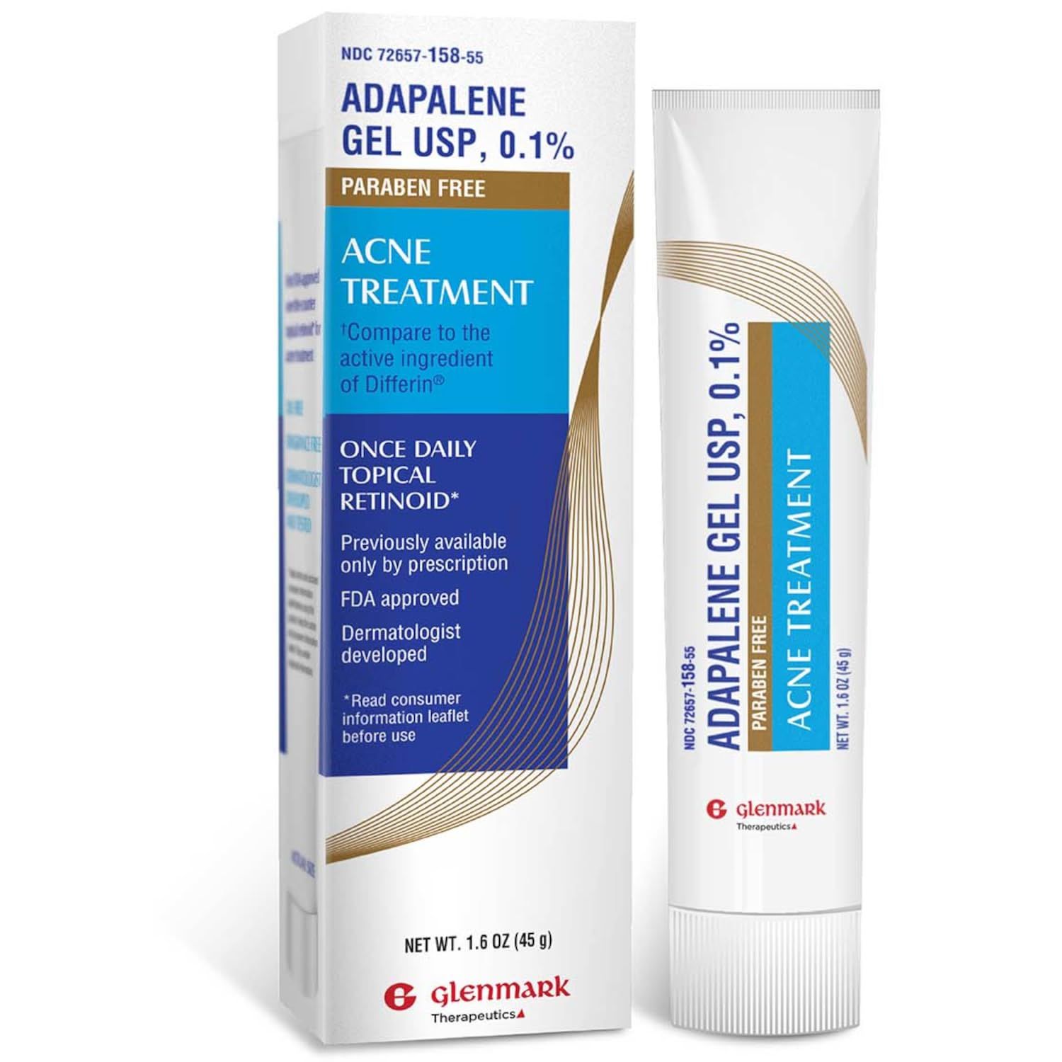 Glenmark Therapeutics Adapalene Gel 0.1 Acne Treatment, Paraben Free Topical Retinoid Cream For Face, Helps Clear and Prevent Acne and Clogged Pores, 45g Tube